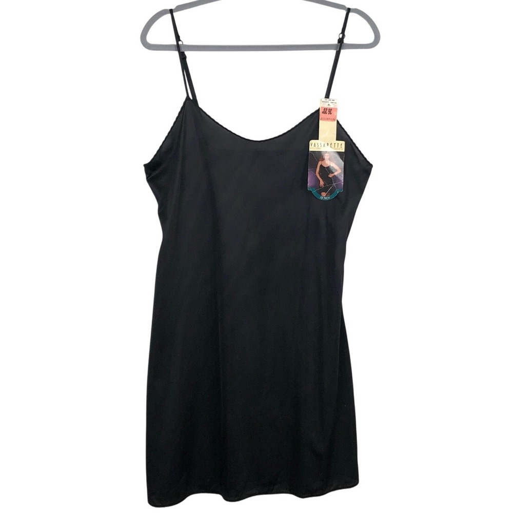 NWT VTG Vassarette Full Slip Sz 36 20" Black Sable Adjustable Straps Scallop Hem